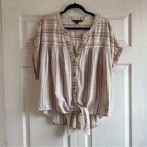 Zac&Rachel Linen Rainbow Stripe Front Tie‎ Button Blouse Boho Teacher Lagenlook